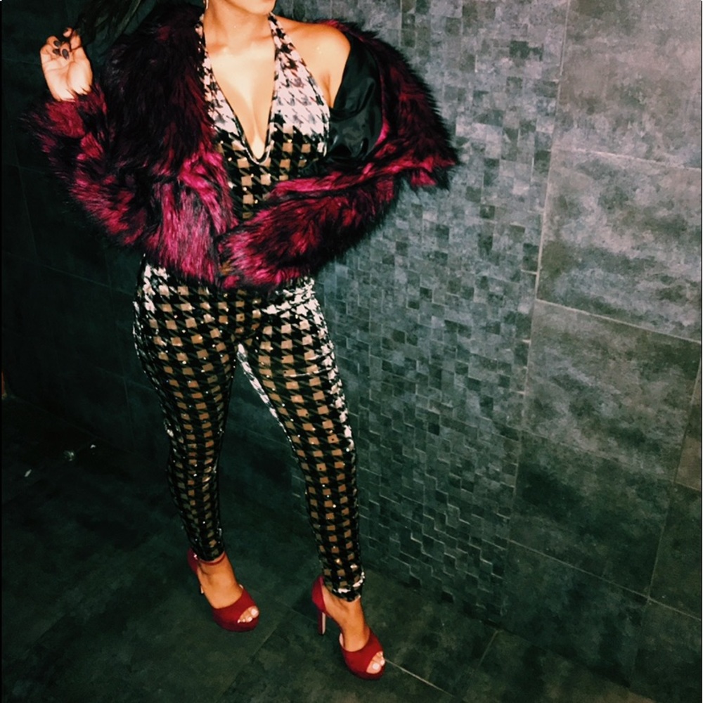 Velvet Checkered Jumpsuit with Rhinestones